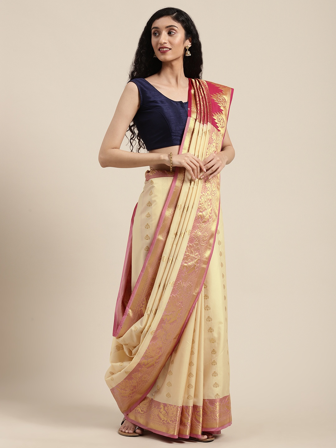 

Mitera Beige & Gold-Toned Woven Design Kanjeevaram Saree