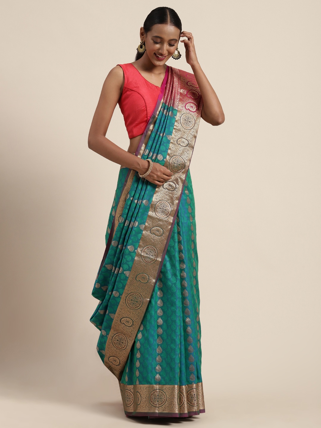 

Mitera Teal Green & Golden Art Silk Woven Design Kanjeevaram Saree