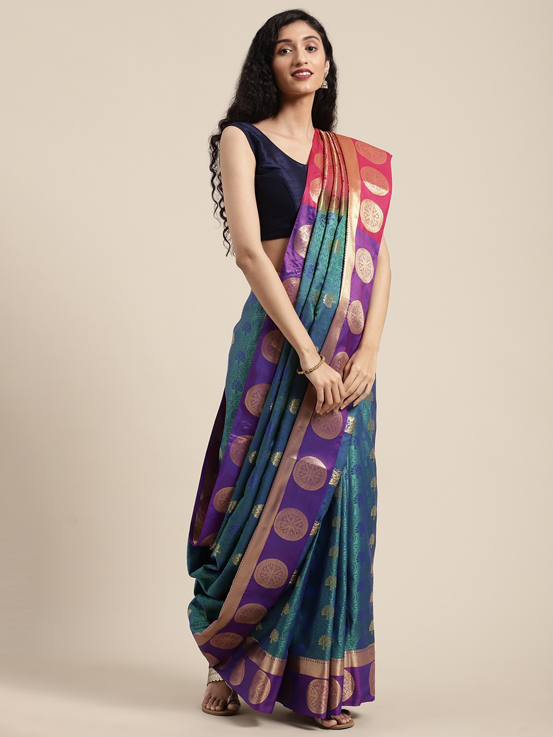 

Mitera Blue & Golden Art Silk Woven Design Kanjeevaram Saree