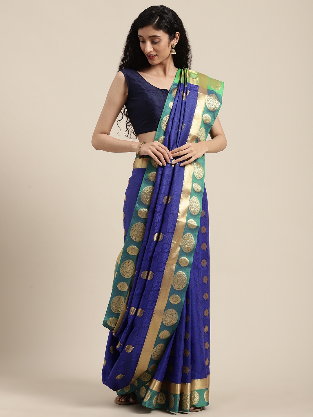 

Mitera Navy Blue & Gold-Toned Woven Design Kanjeevaram Saree