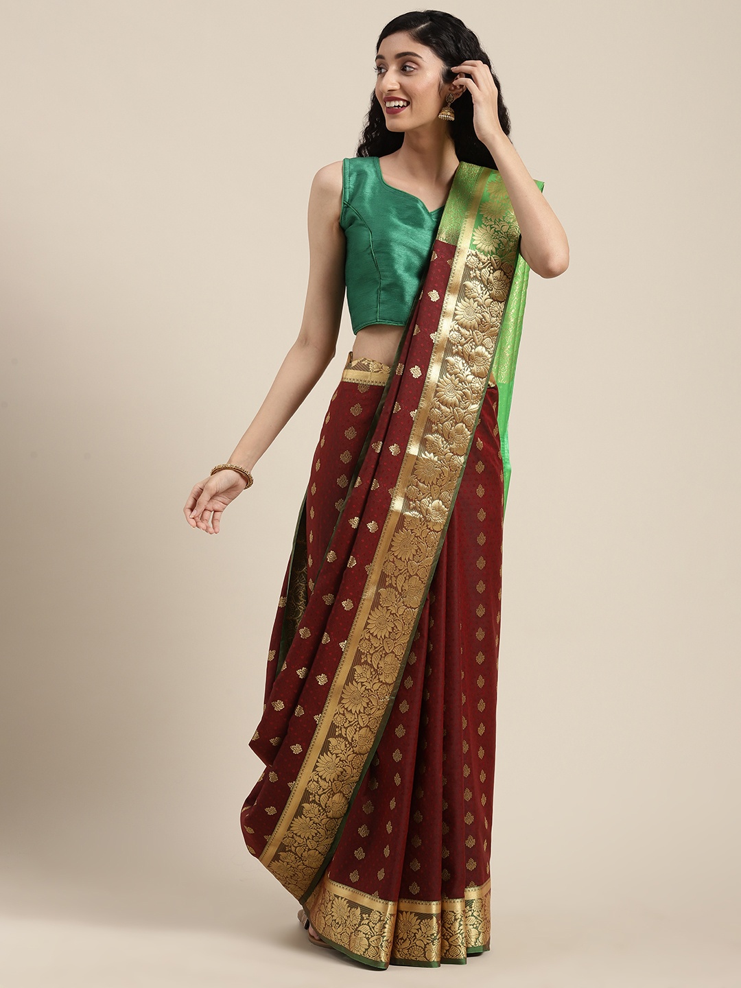 

Mitera Maroon & Golden Art Silk Woven Design Kanjeevaram Saree