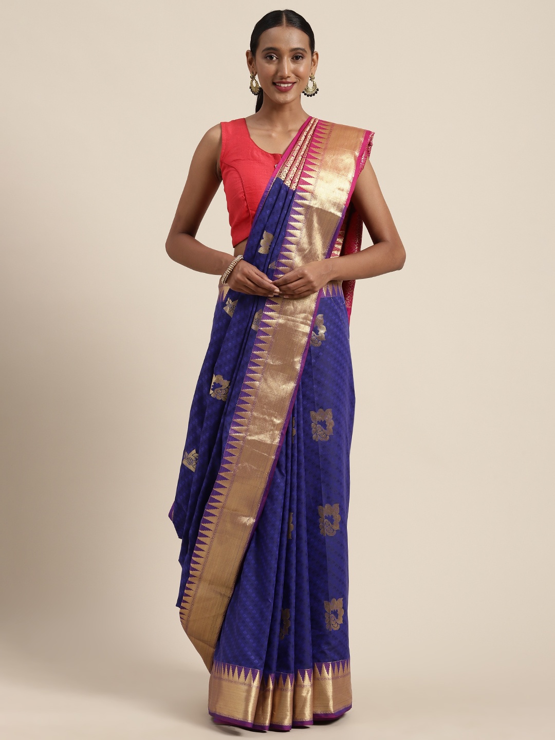 

Mitera Navy Blue & Golden Art Silk Woven Design Kanjeevaram Saree