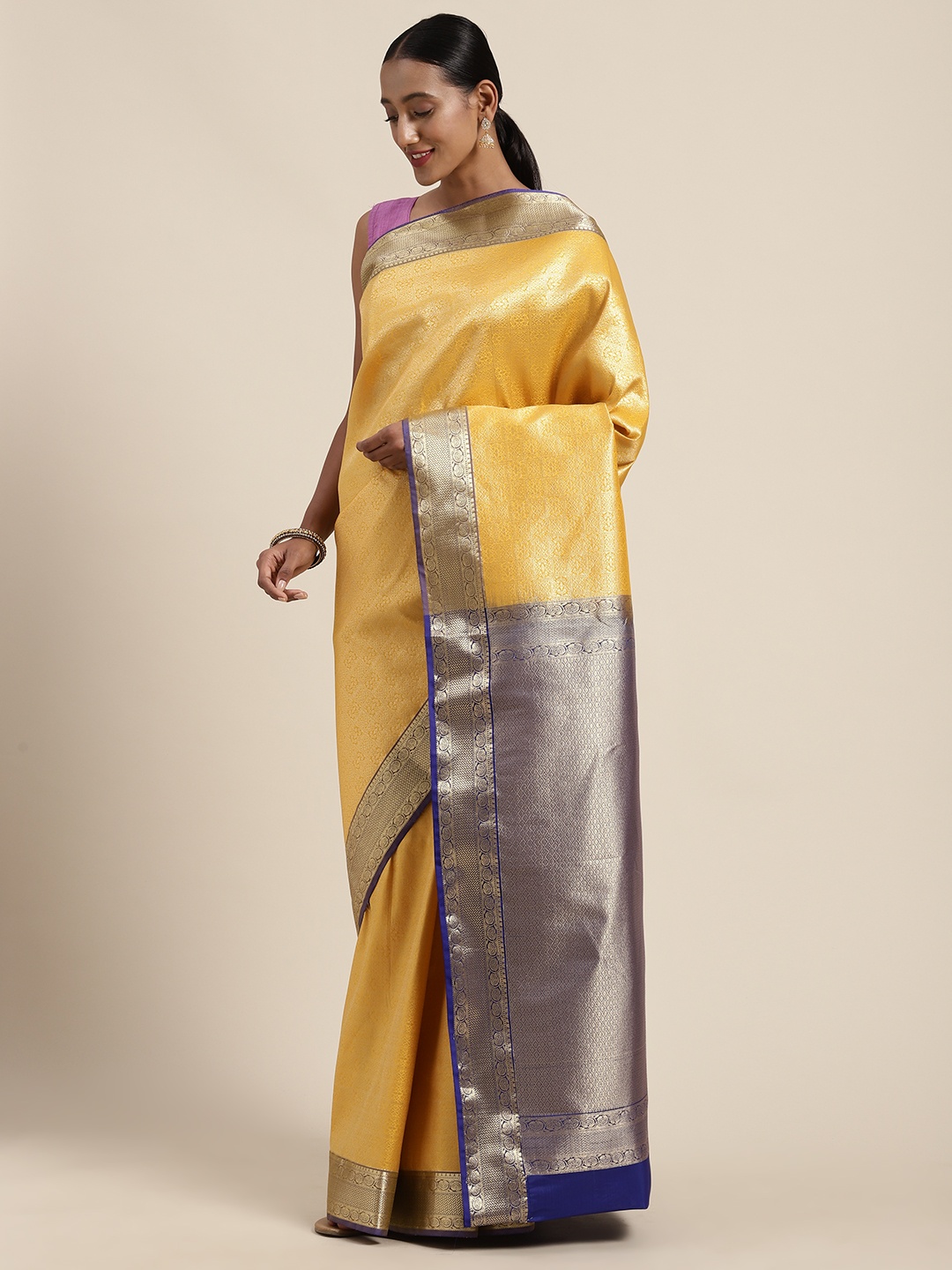 

Mitera Yellow & Blue Woven Design Kanjeevaram Saree