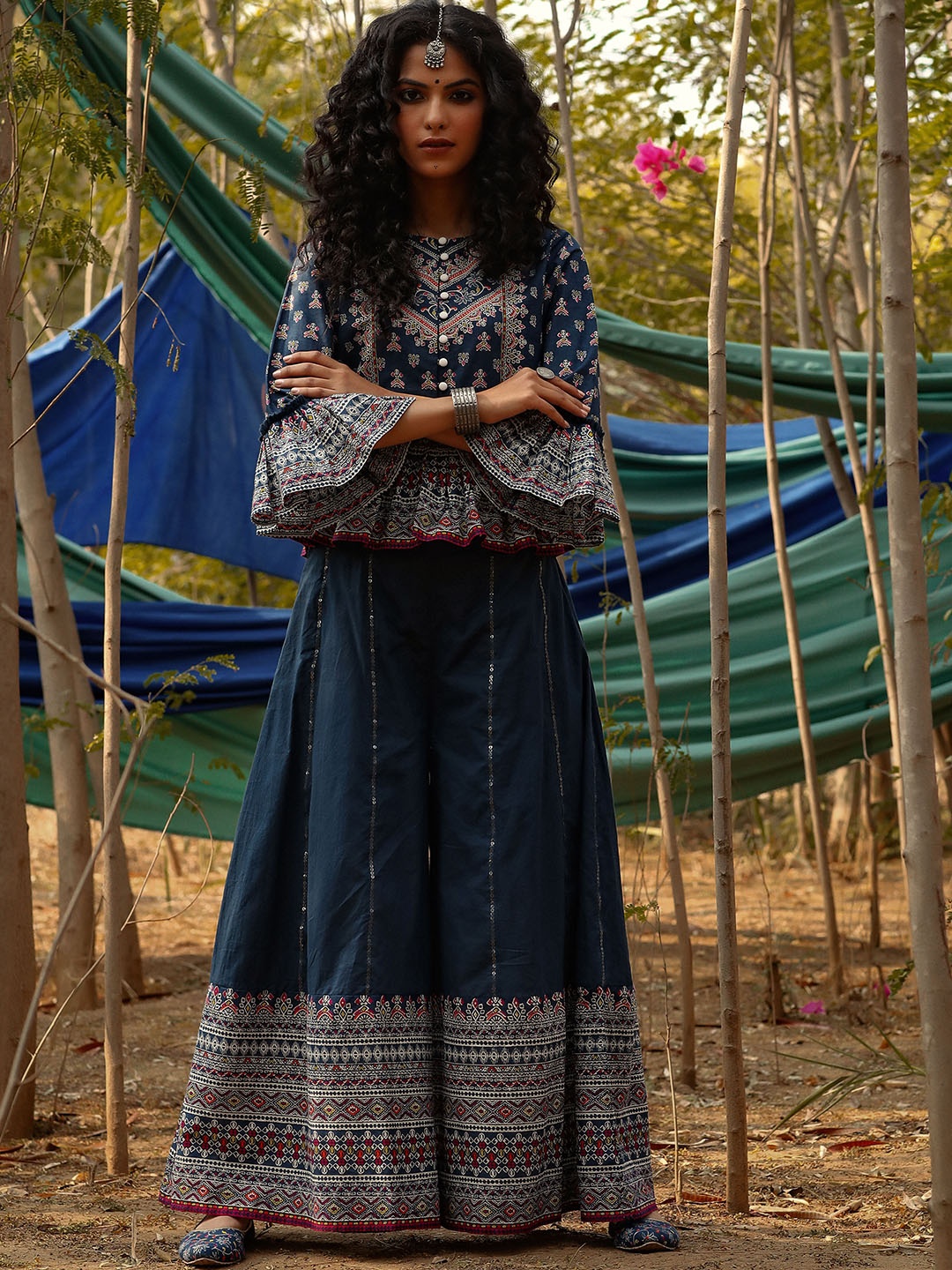 

Juniper Women Navy Blue & White Pure Cotton Printed Top with Palazzos