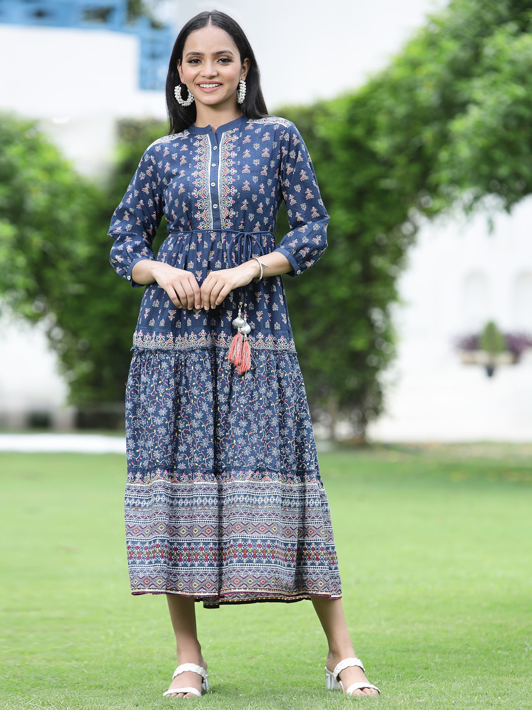 

Juniper Navy Blue Red Cotton Ethnic Motifs Printed Tiered Maxi Dress