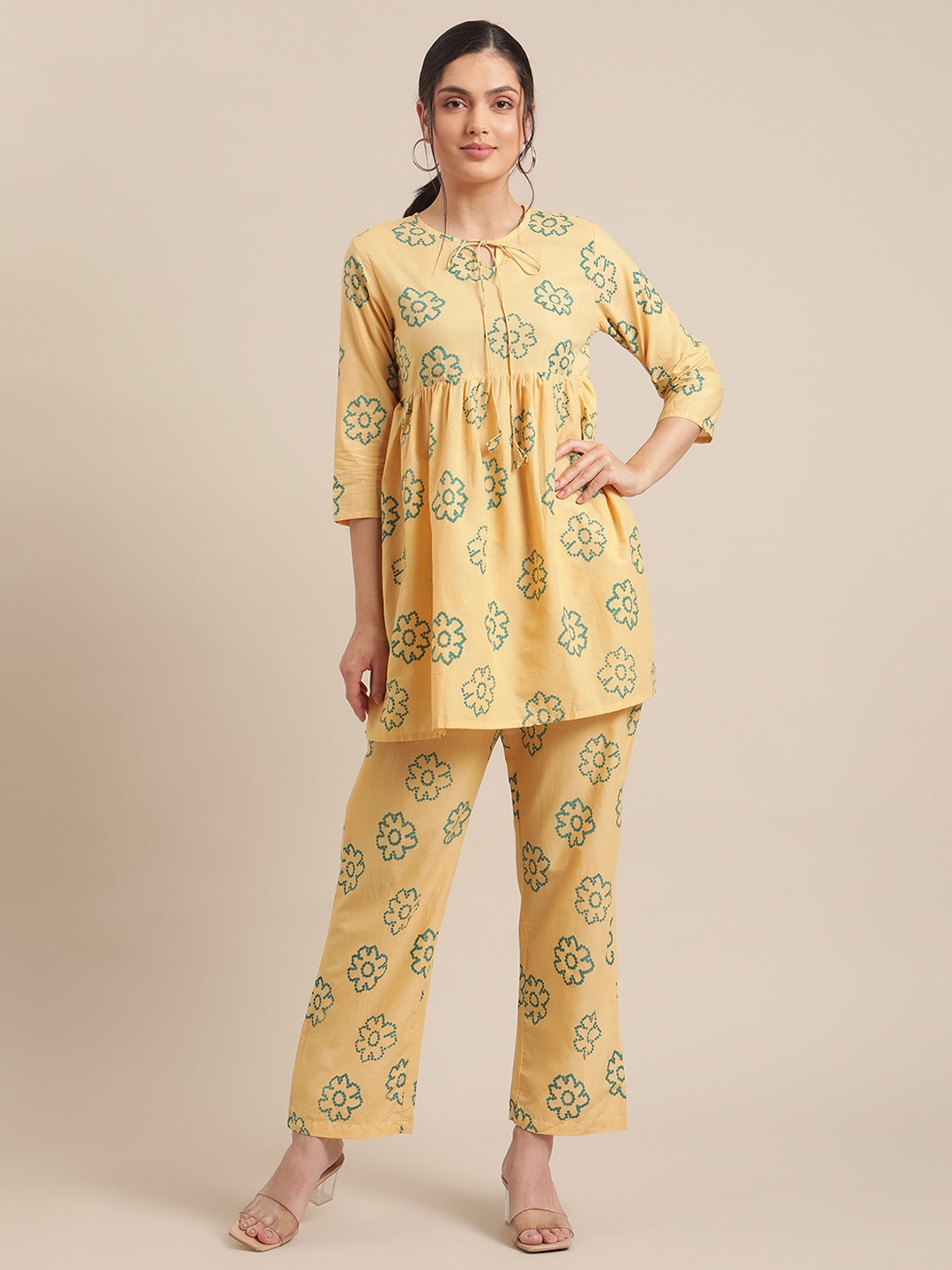 

Varanga Women Yellow & Green Printed Pure Cotton Empire Kurti with Trousers
