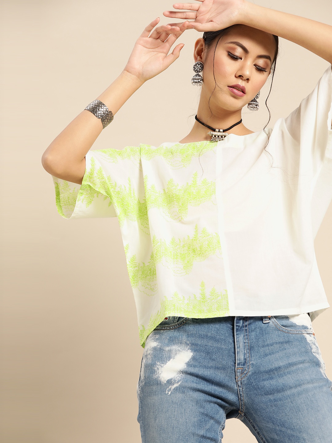 

Varanga White & Lime Green Floral Printed Pure Cotton Boxy Top
