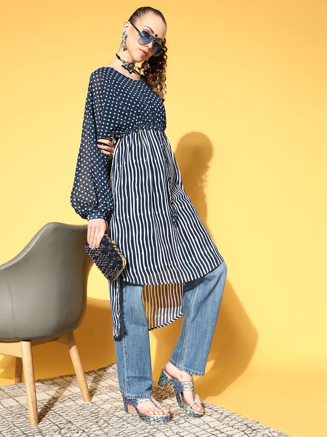 

Juniper Pretty Navy Blue Polyester Asymmetric Hemline Tunic