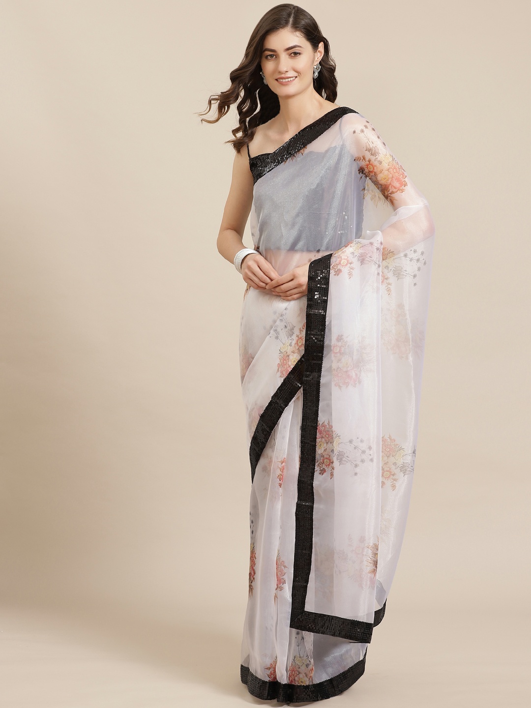 

Kalista White & Red Organza Floral Printed Saree