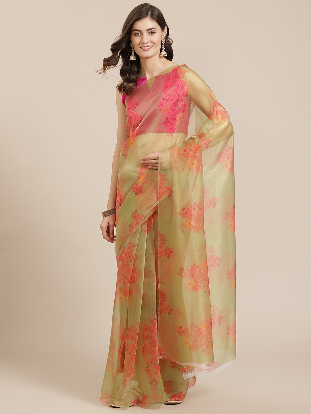 

Kalista Green & Red Organza Floral Printed Saree