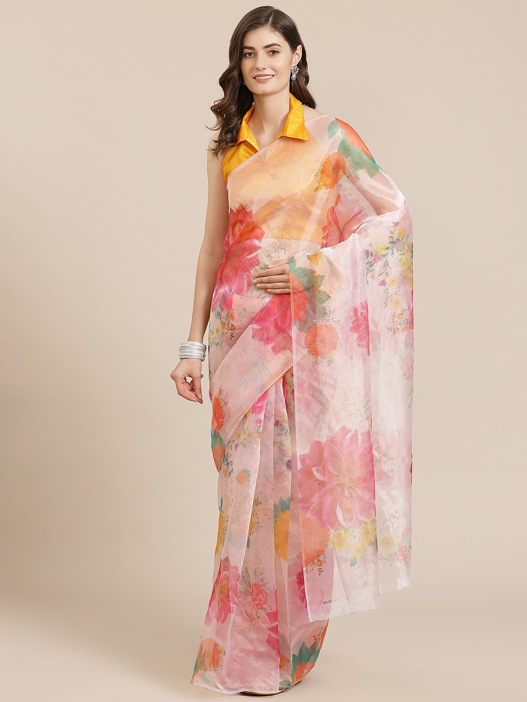 

Kalista Pink & Yellow Organza Floral Printed Saree