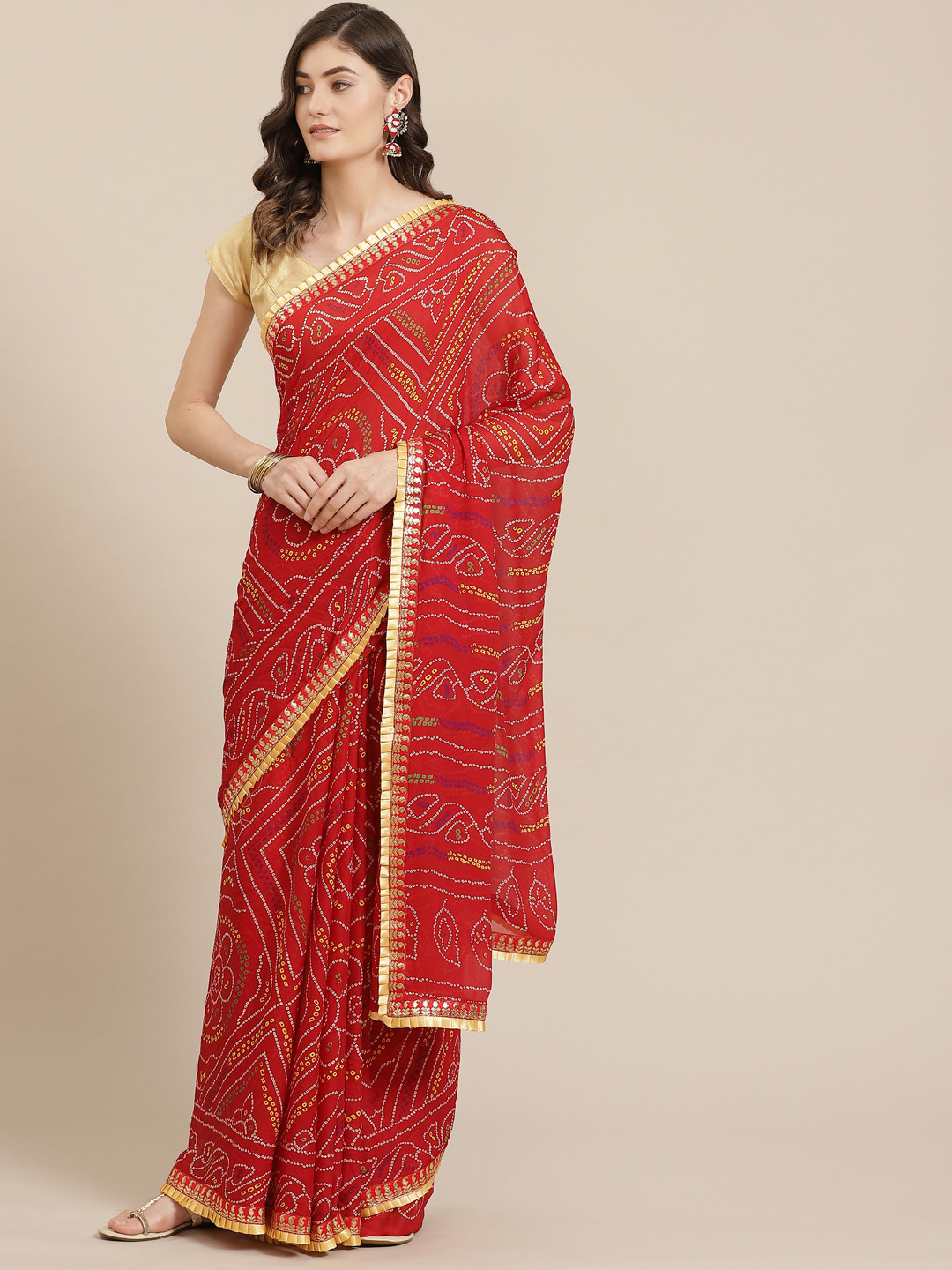 

Kalista Red & Yellow Printed Bandhani Saree