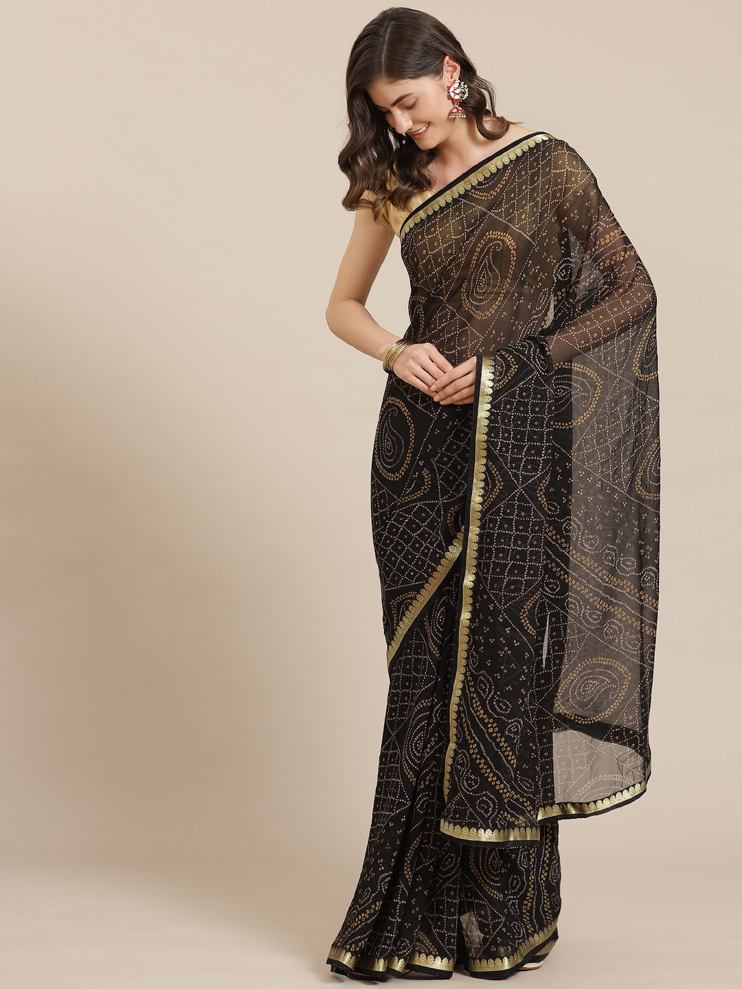 

Kalista Black & Yellow Printed Bandhani Saree