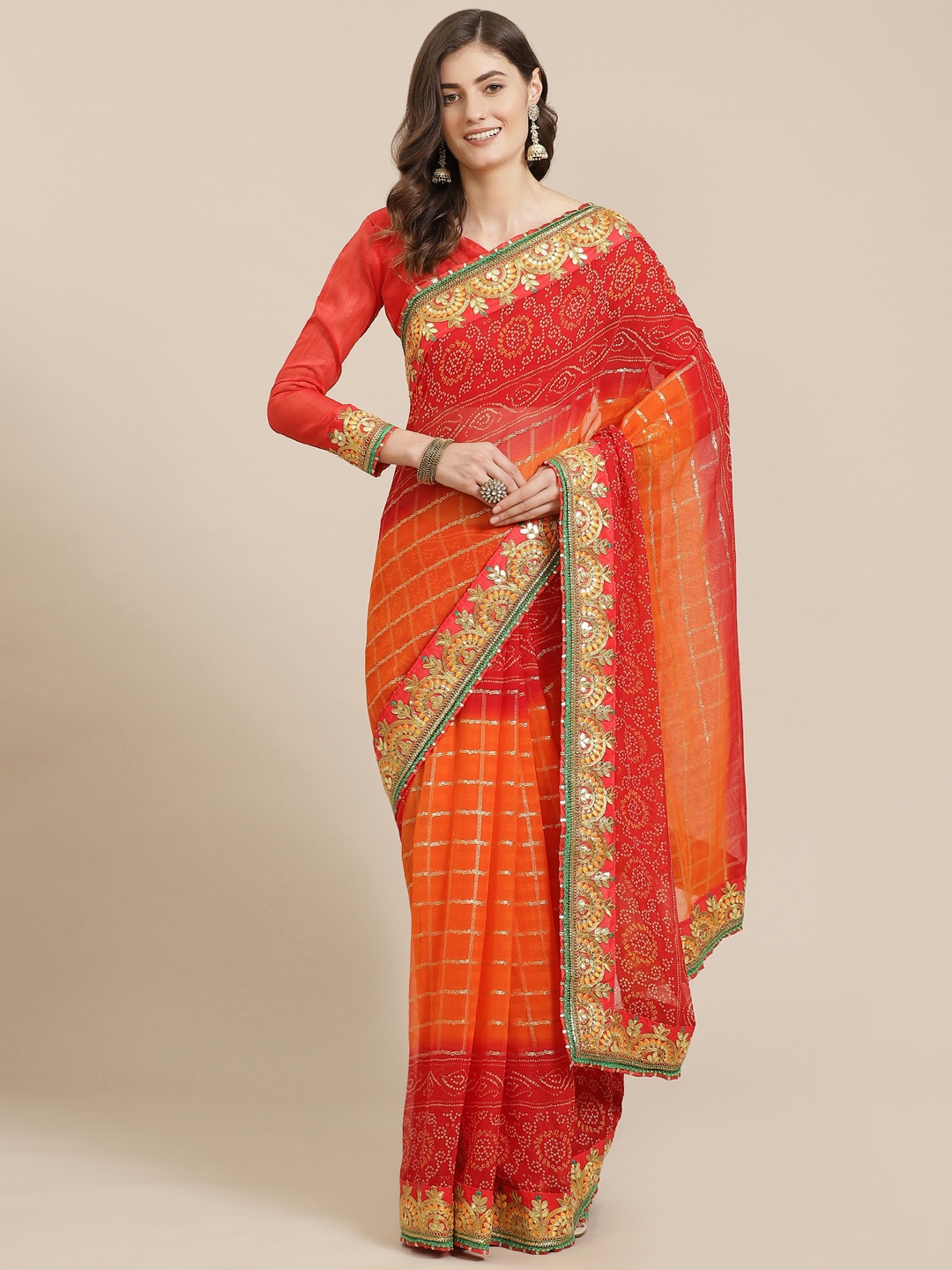 

Kalista Orange & Red Poly Georgette Printed Bandhani Saree
