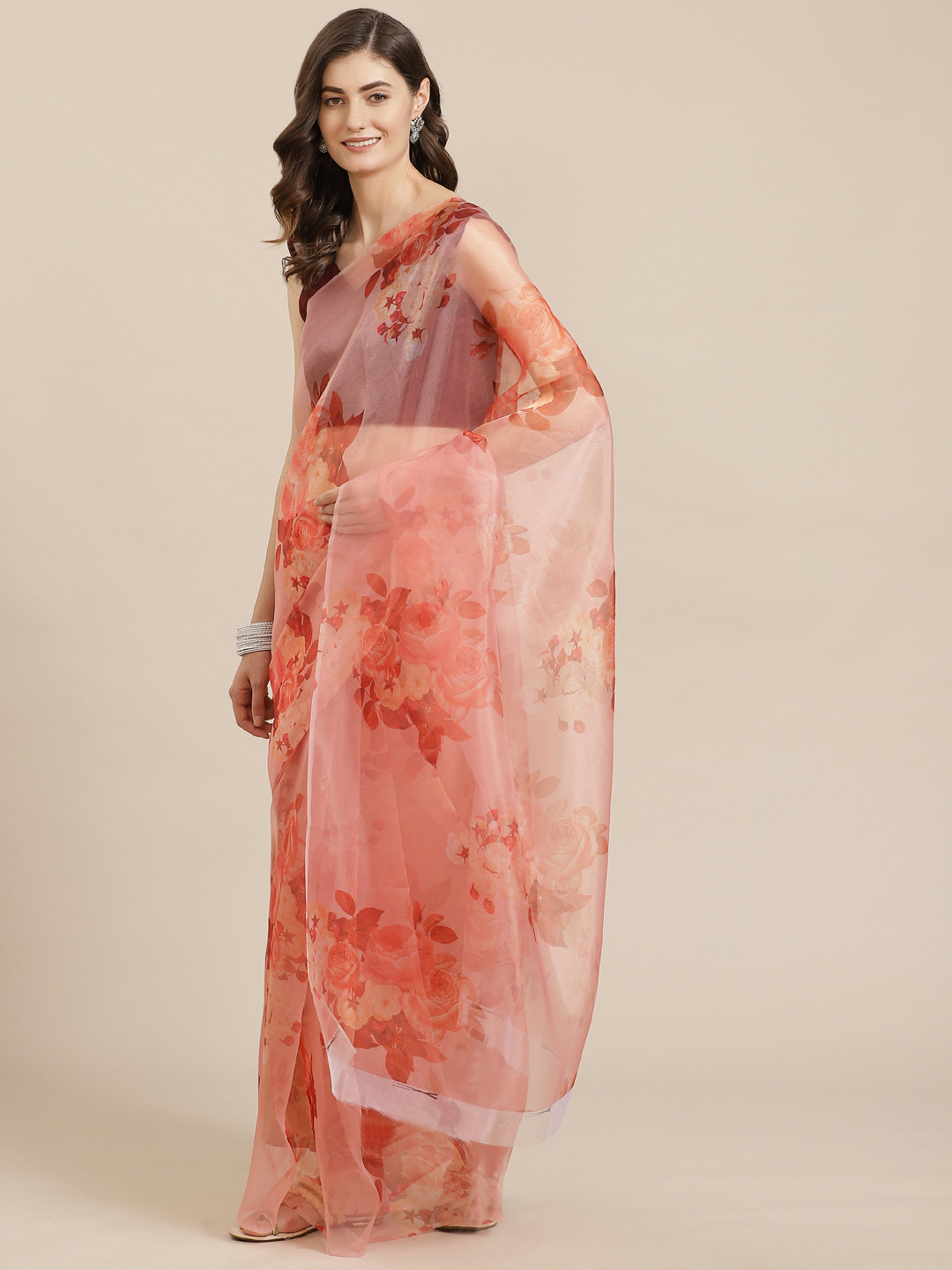 

Kalista Peach-Coloured & Maroon Organza Floral Printed Saree