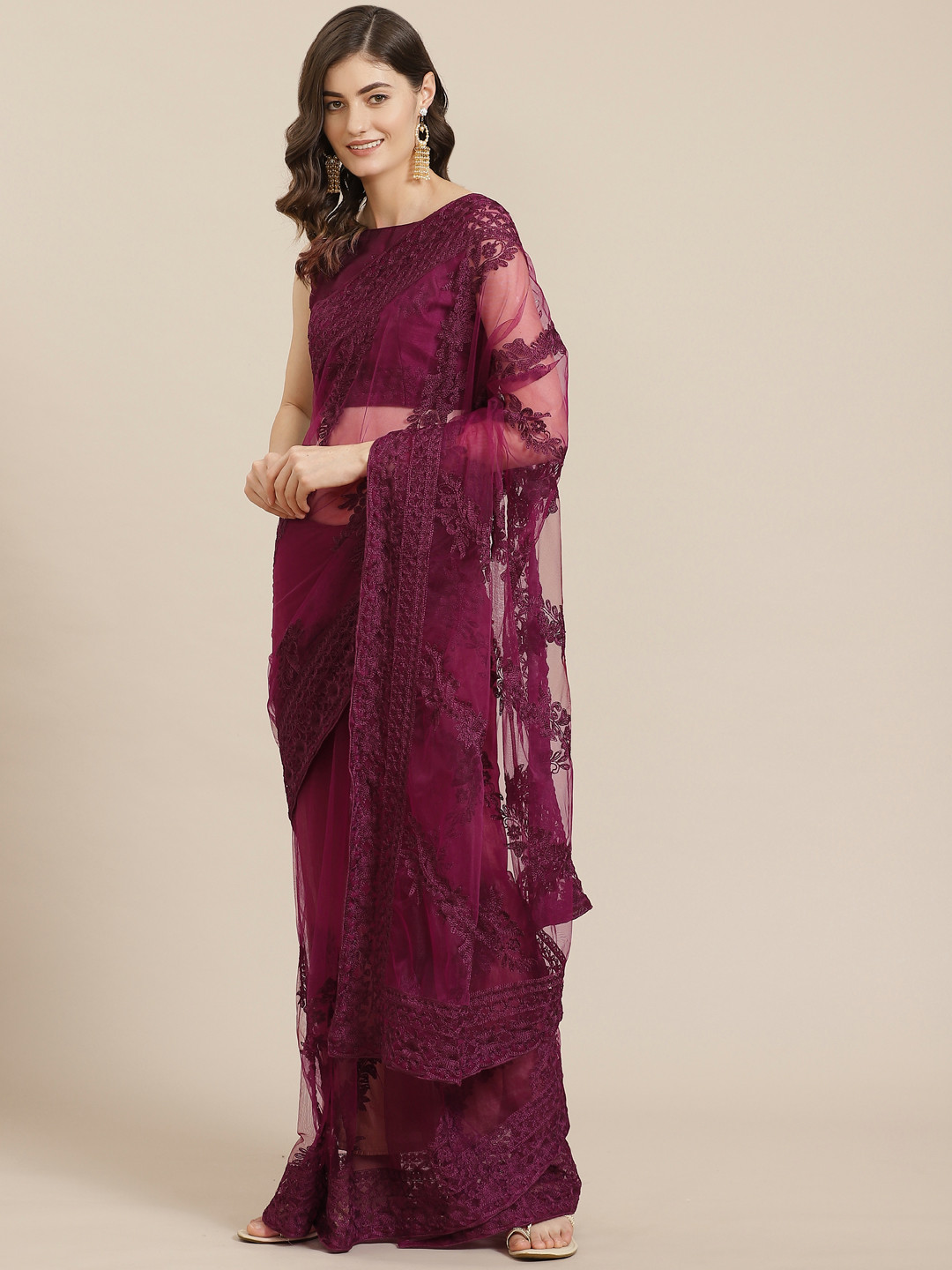 

Kalista Aubergine Embroidered Net Saree, Purple