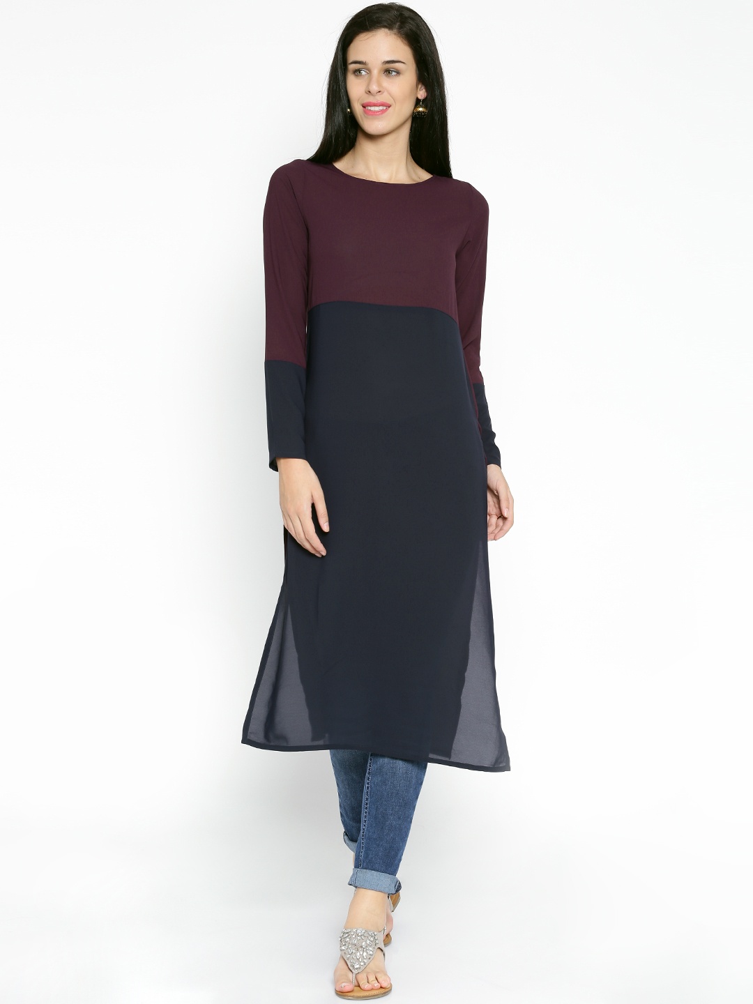 

Vishudh Burgundy & Navy Polyester Printed Kurta
