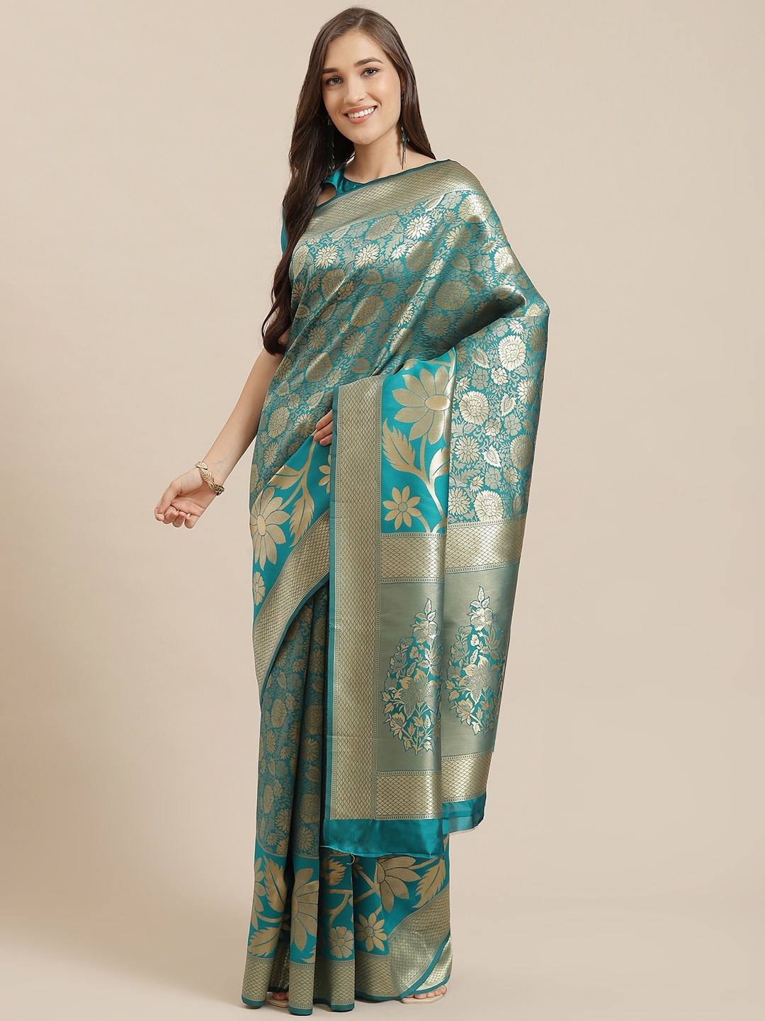

Mitera Turquoise Blue & Golden Woven Design Banarasi Saree