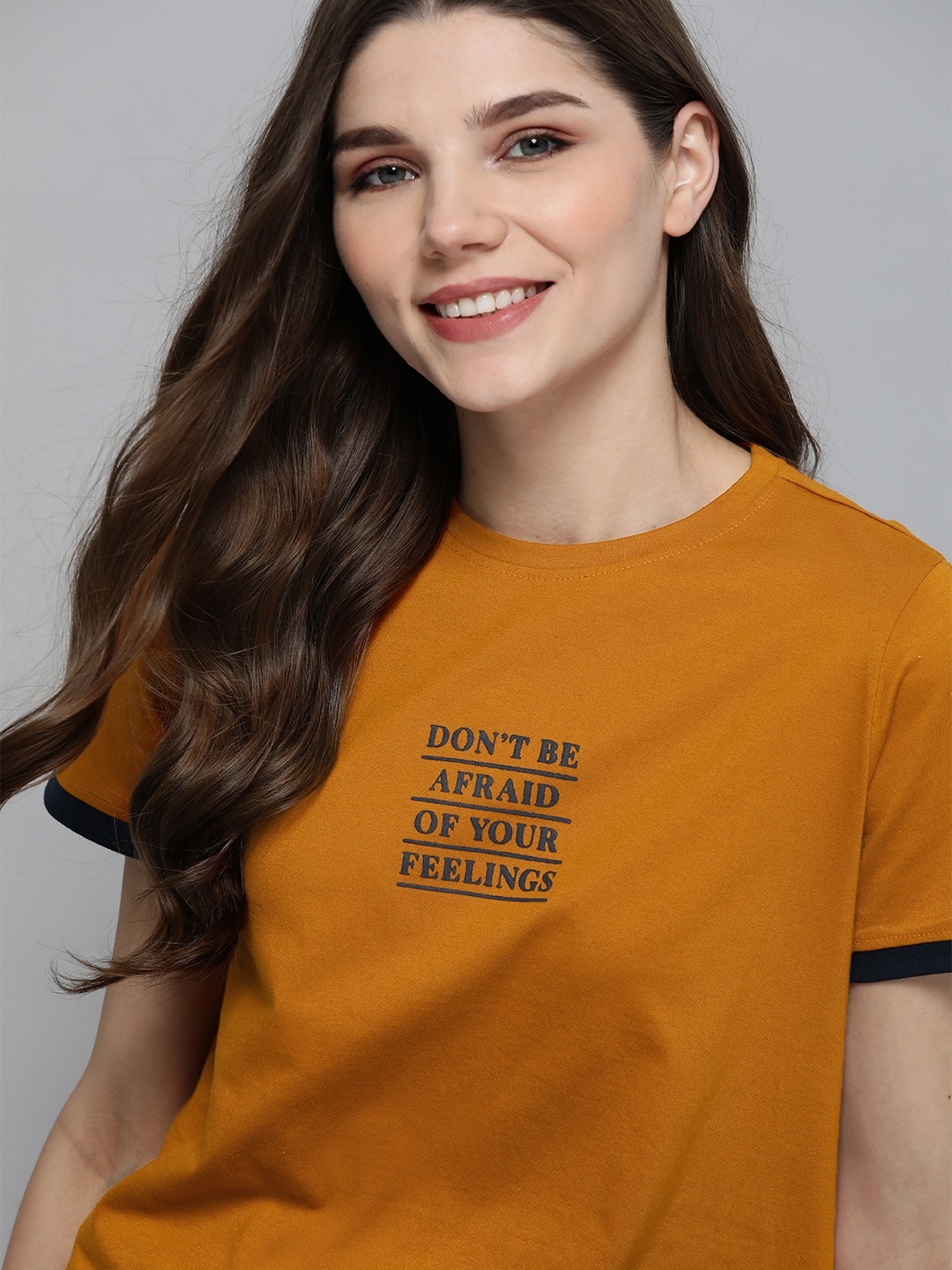 

Mast & Harbour Women Camel Brown & Navy Blue Typography Print Cotton T-shirt