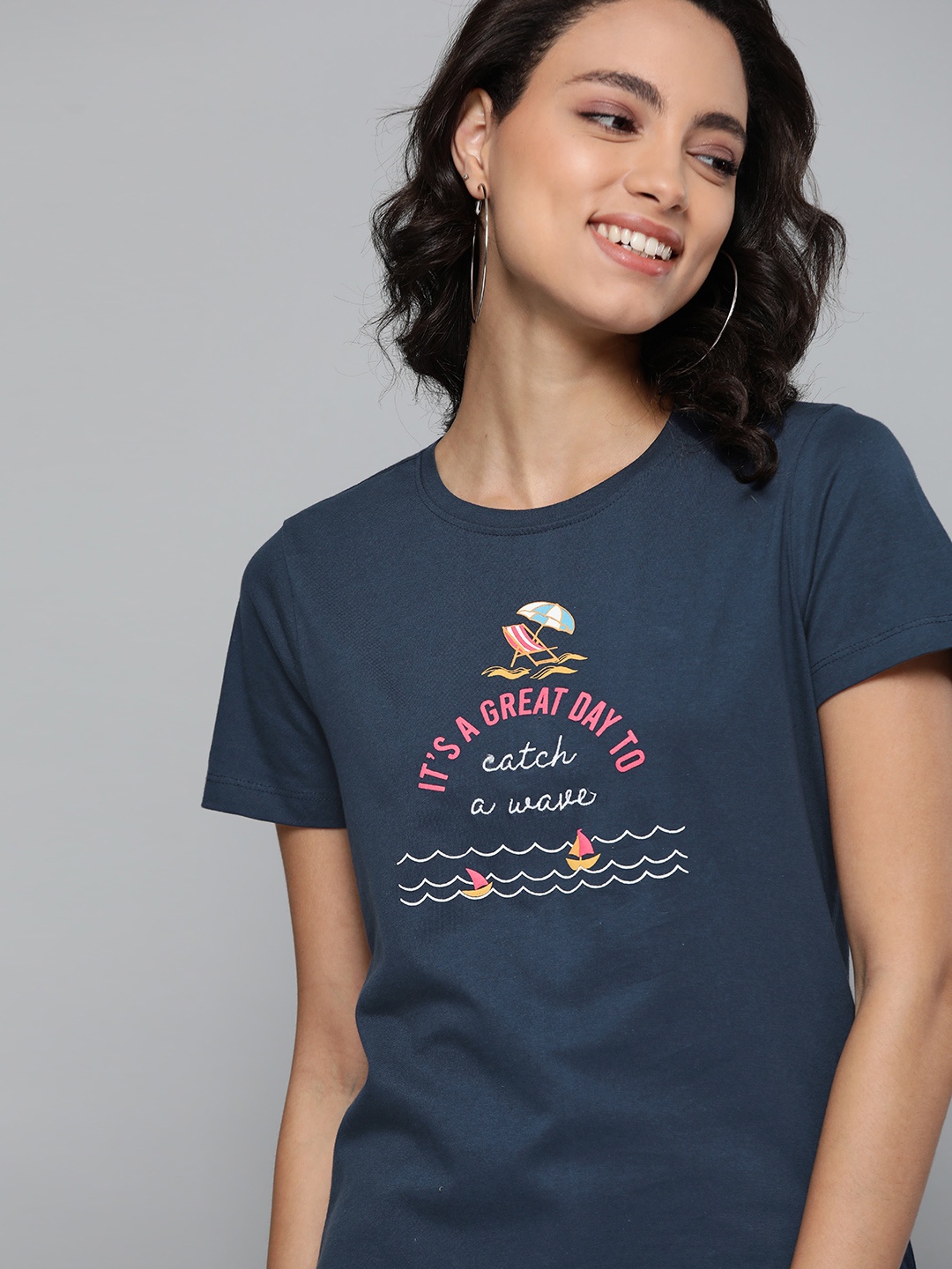 

Mast Harbour Women Navy Blue Pure Cotton Printed Round Neck Pure Cotton T-shirt