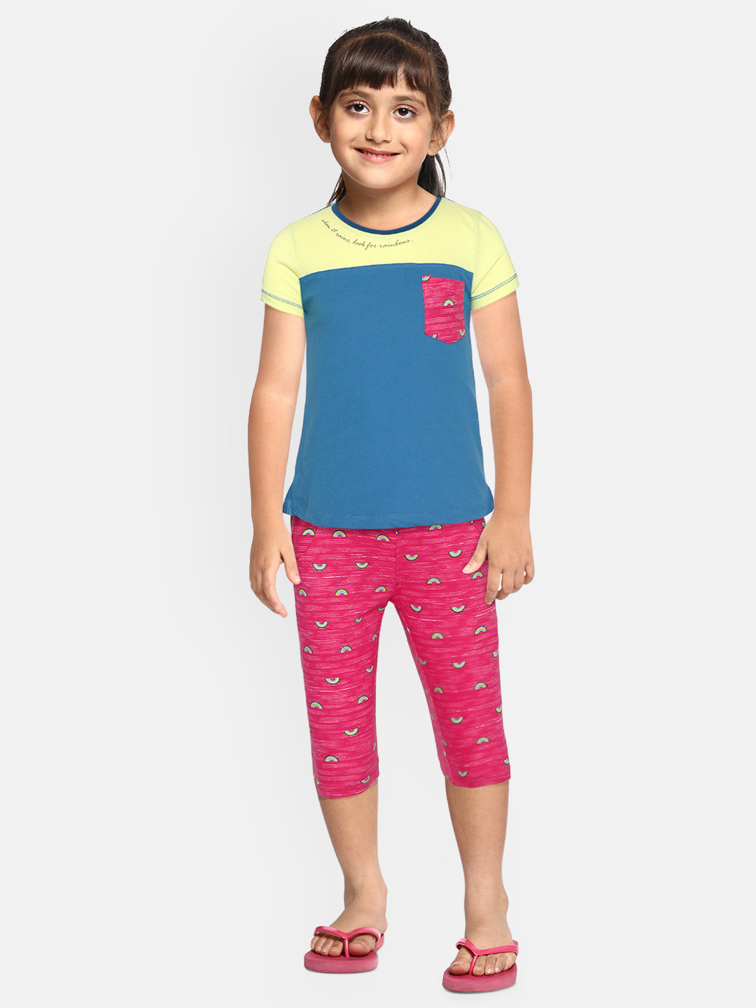 

Sweet Dreams Girls Blue & Lime Green Colourblocked Night Suit
