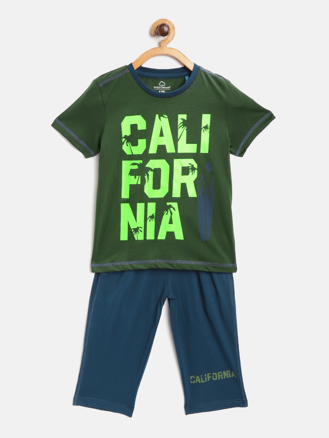 

Sweet Dreams Boys Olive Green & Navy Blue Typography Printed Night Suit