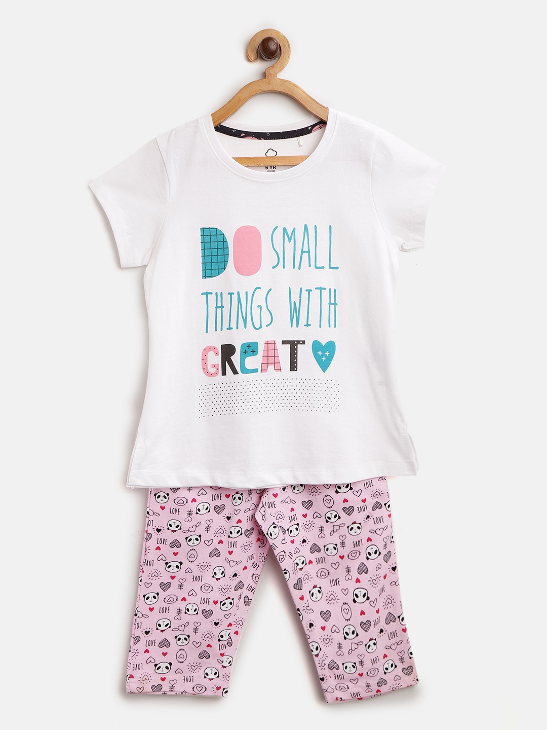

Sweet Dreams Girls White & Pink Typography Print Cotton Night suit