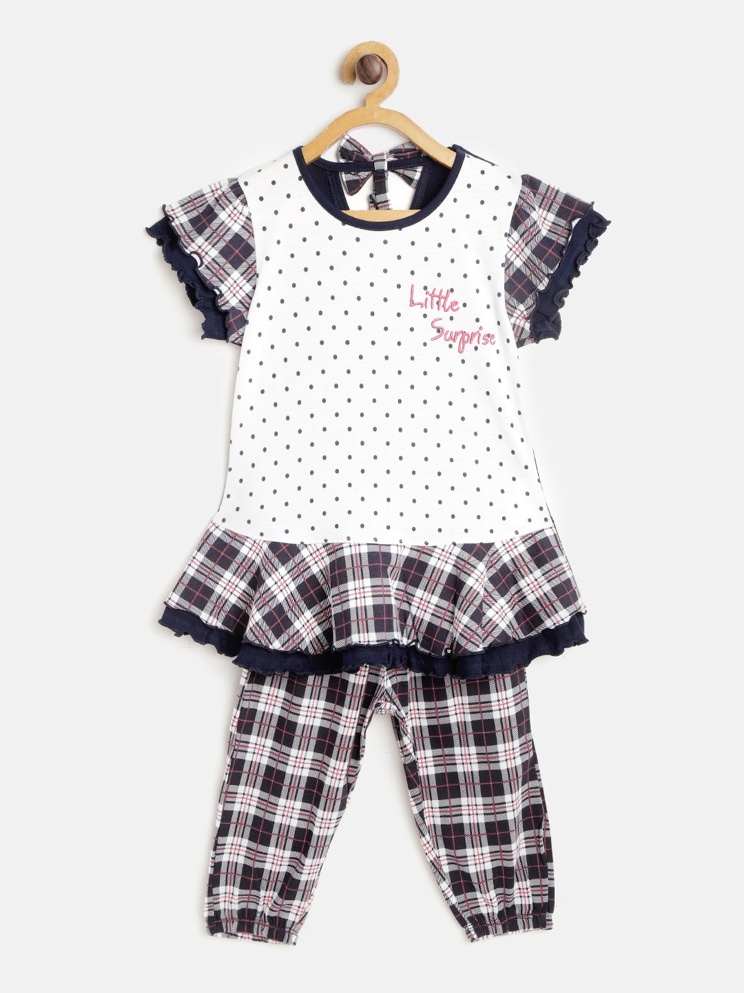 

Sweet Dreams Girls White & Navy Blue Polka Dot Print & Checked Night suit