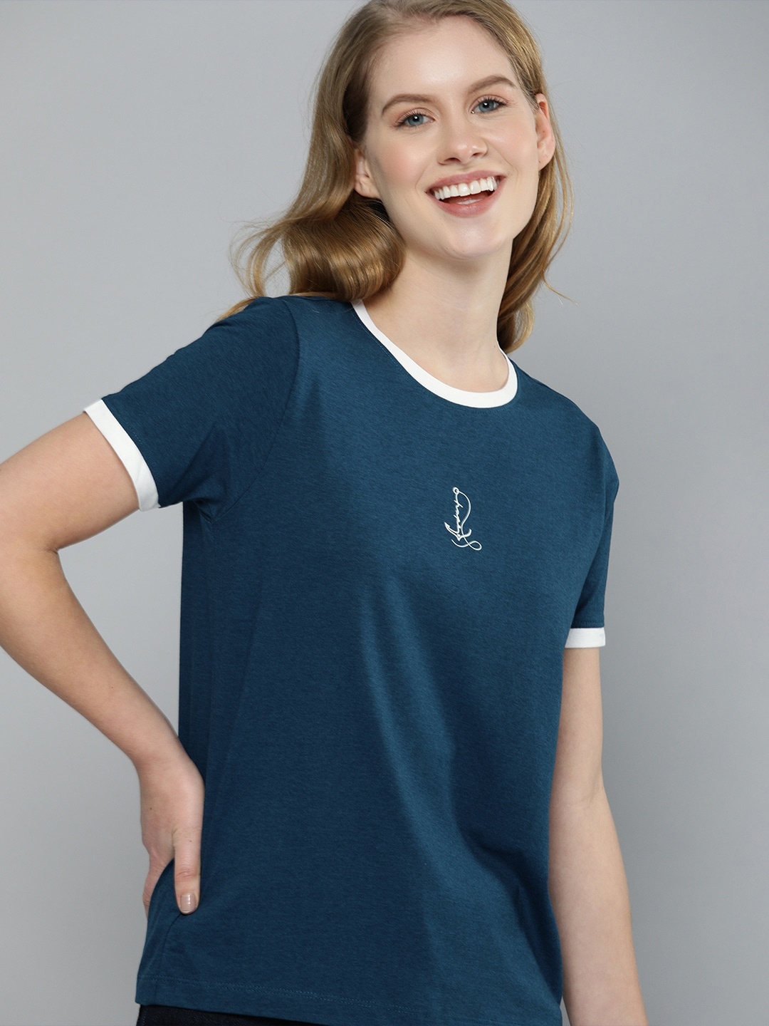 

Mast & Harbour Women Blue Solid Round Neck T-shirt with Printed Detailing