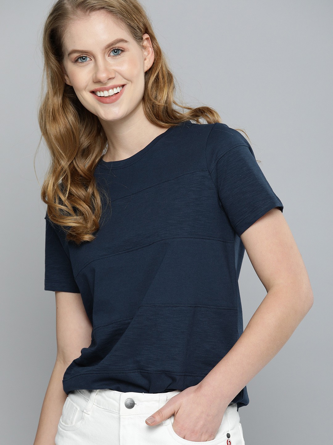 

Mast Harbour Women Navy Blue Self-Striped Round Neck Pure Cotton T-shirt