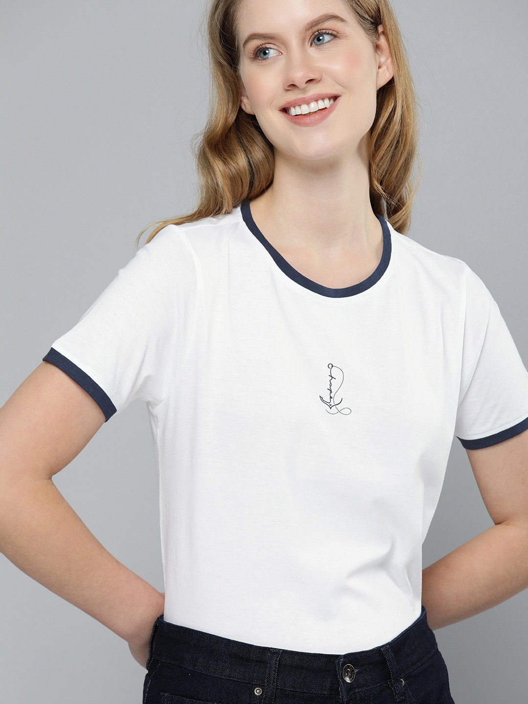 

Mast & Harbour Women White Solid Round Neck T-shirt with Printed Detailing