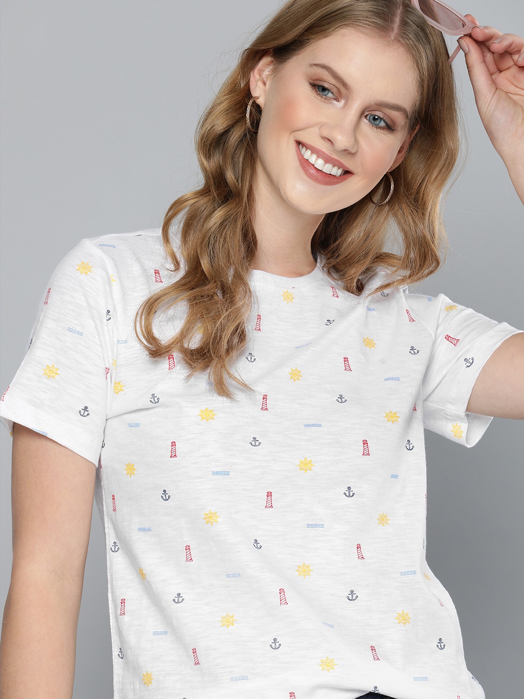 

Mast & Harbour Women White & Yellow Printed Round Neck Cotton T-shirt