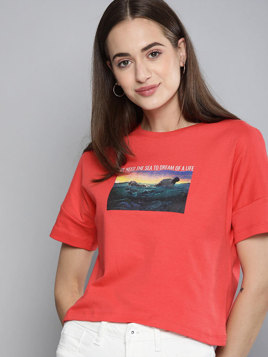

MH Our Water Women Red Printed Organic Cotton Water Styles Sustainable Organic Cotton T-shirt