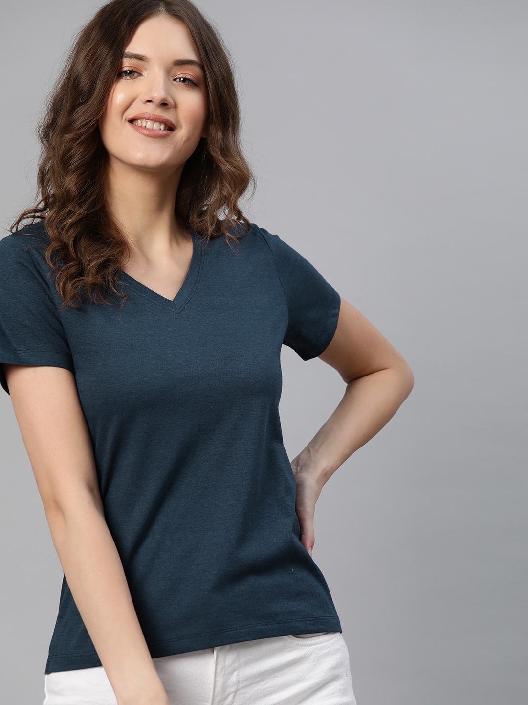 

M&H Our Water Women Navy Blue Solid Sustainable V-Neck T-shirt