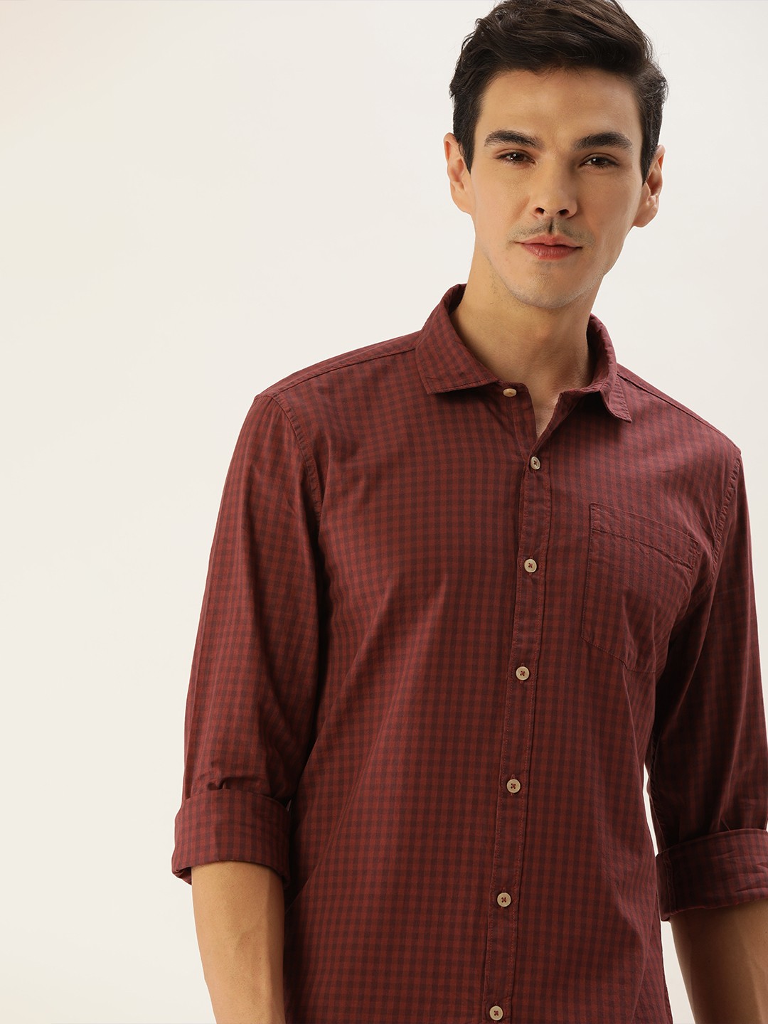 

INVICTUS Men Maroon Checked Pure Cotton Casual Shirt, Brown