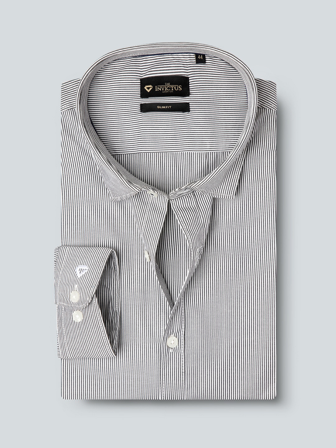 

INVICTUS Men Charcoal Grey & White Slim Fit Pure Cotton Striped Formal Shirt