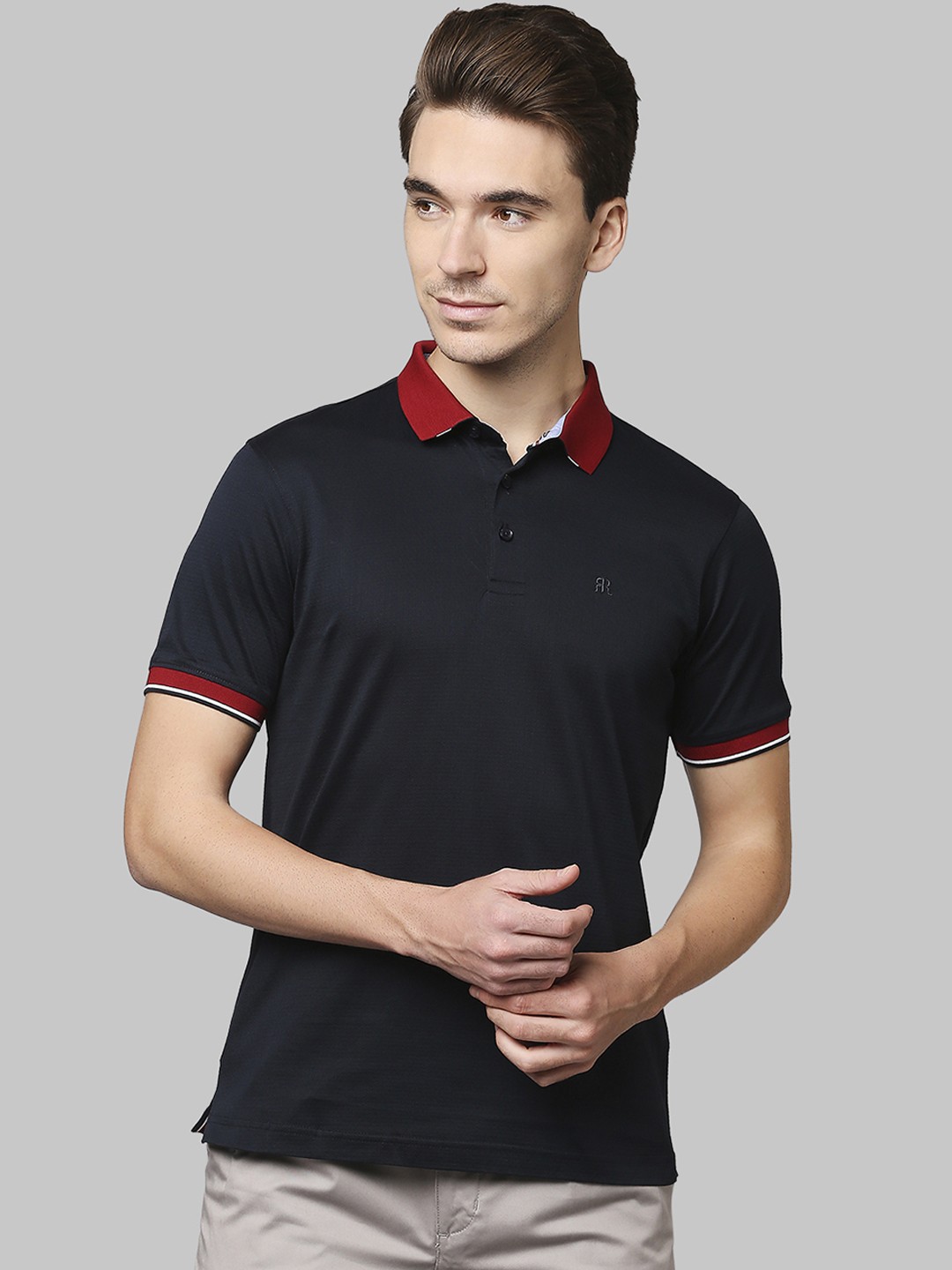 

Raymond Men Maroon & Navy Blue Polo Collar Pure Cotton T-shirt
