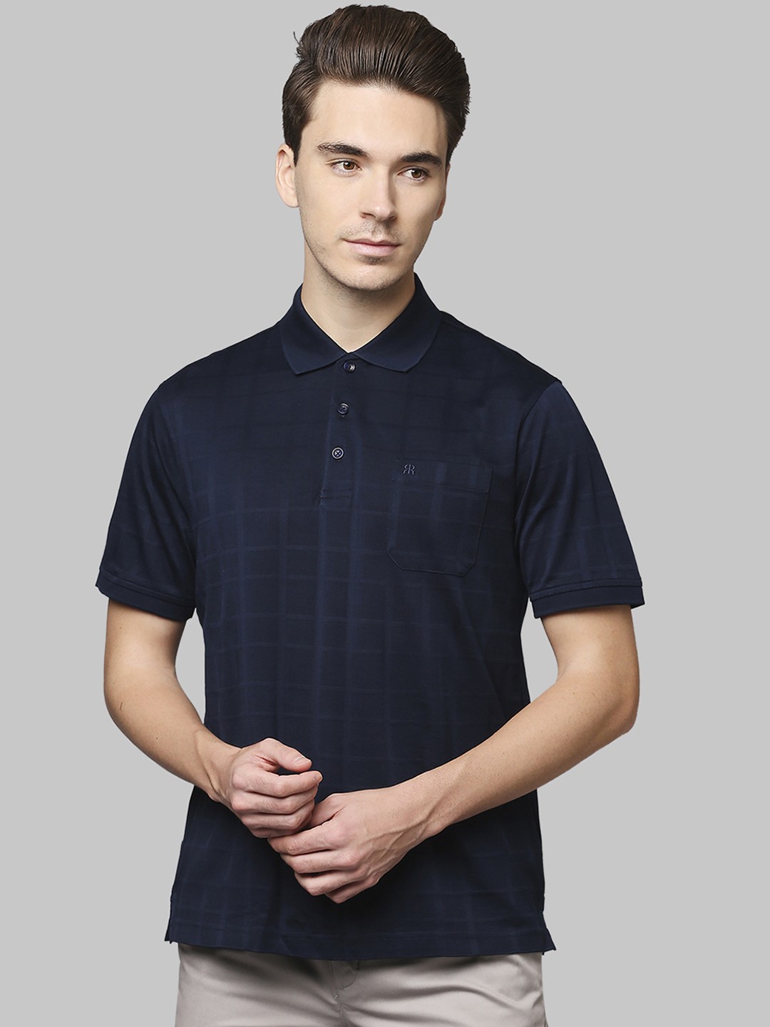 

Raymond Men Blue Checked Polo Collar Pure Cotton T-shirt