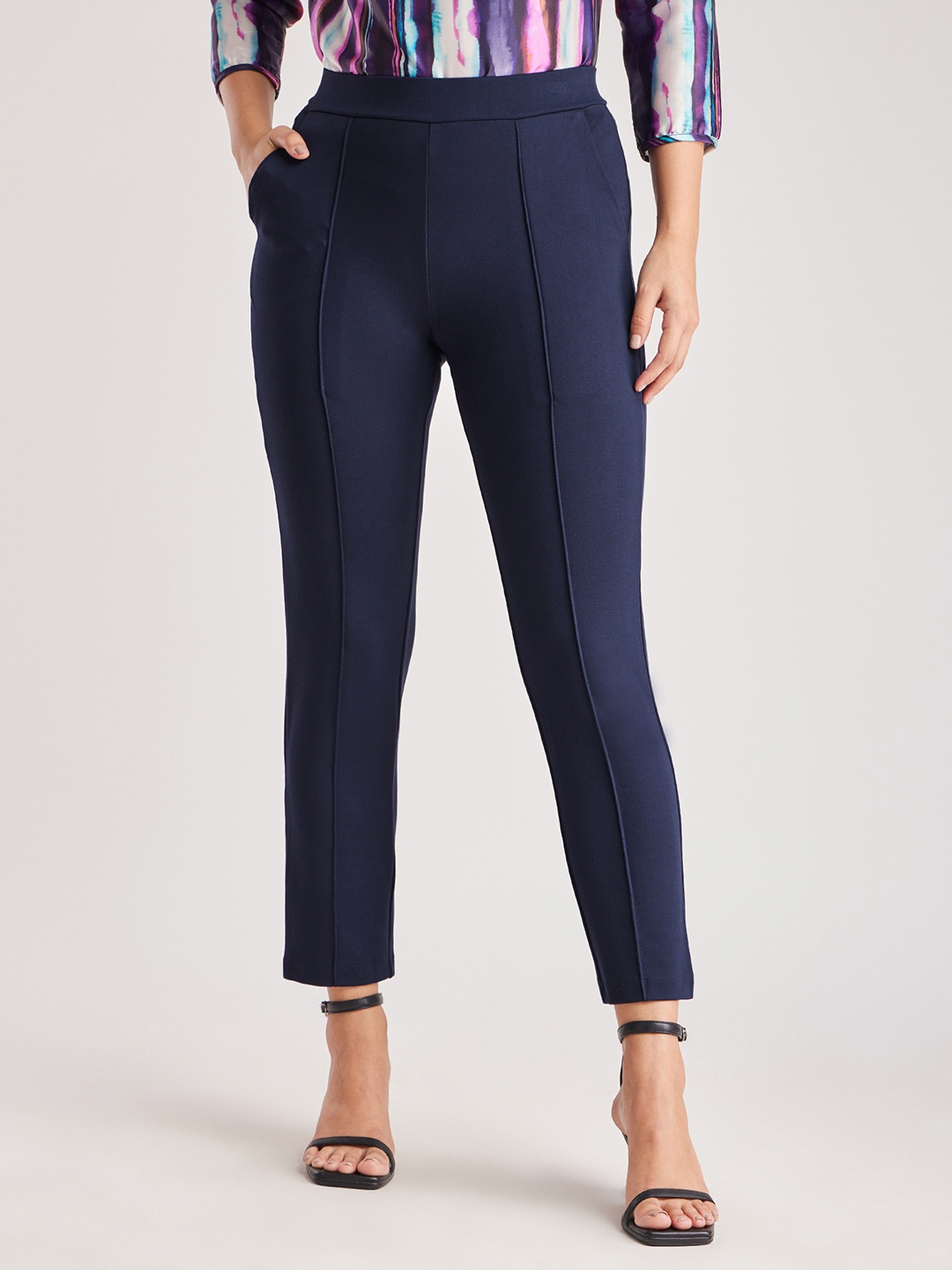 

FableStreet LivIn Straight Fit Cropped Navy Blue Trouser