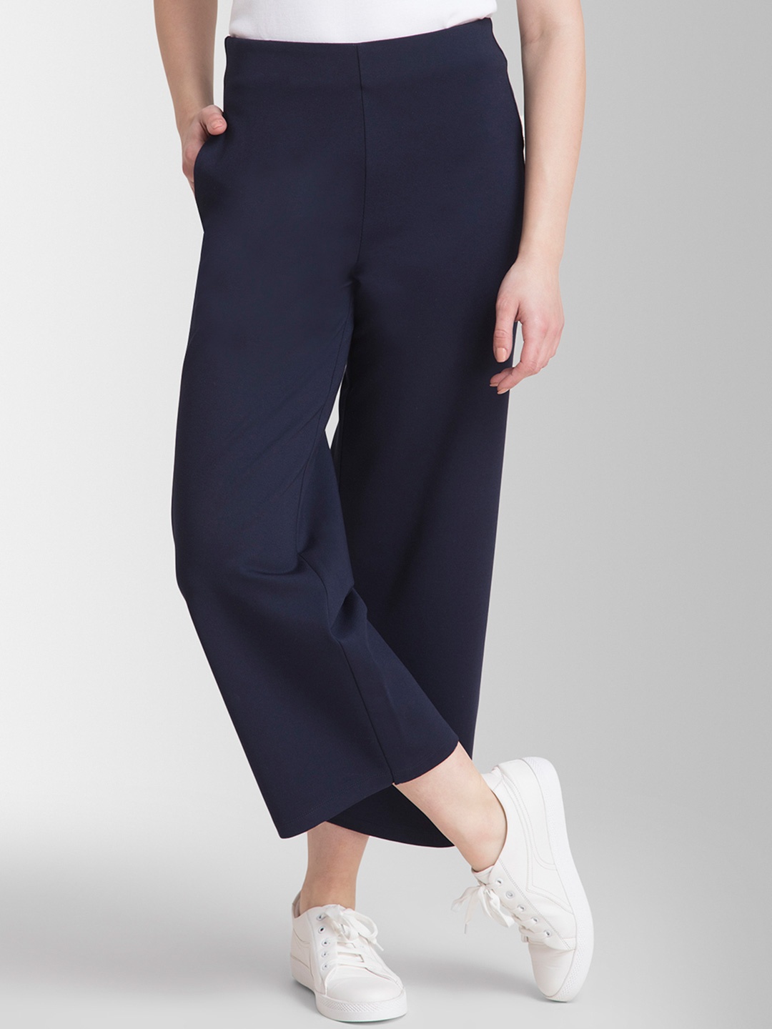 

FableStreet Women Navy Blue LivIn Loose Fit Solid Culottes