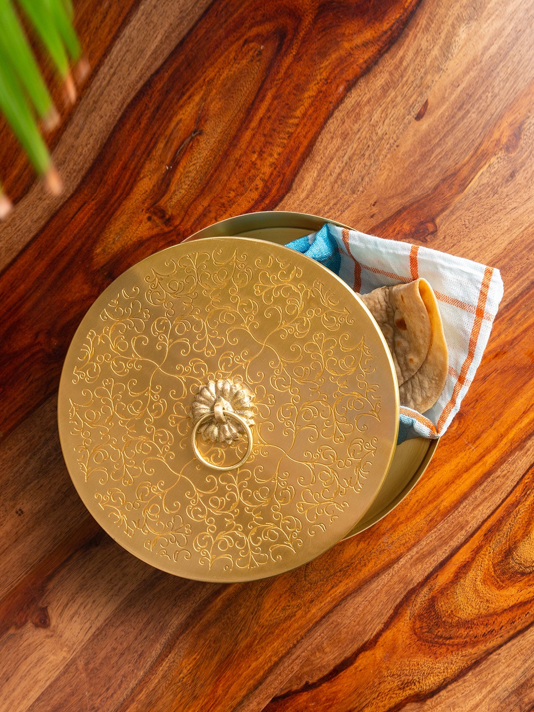 

ExclusiveLane Gold-Toned Floral-Etched Handcrafted Brass Chapati Box