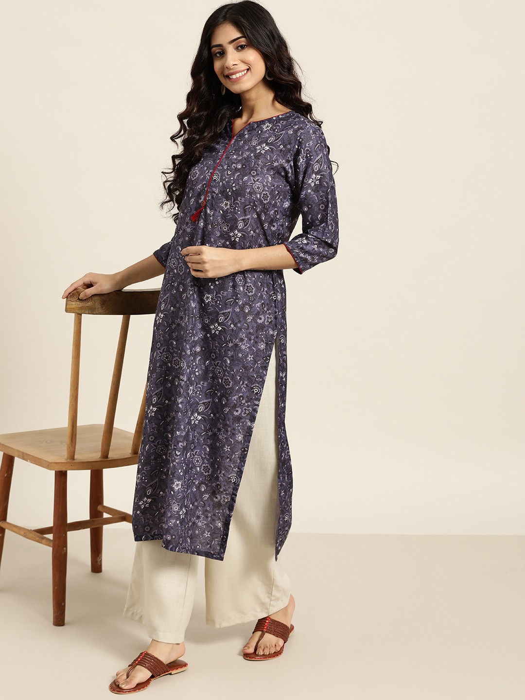 

Sangria Women Navy Blue & White Ethnic Motifs Printed Kurta