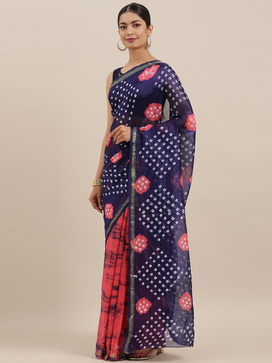 

Geroo Jaipur Hand Dyed Pink & Blue Bandhani Kota Silk Sustainable Sareee