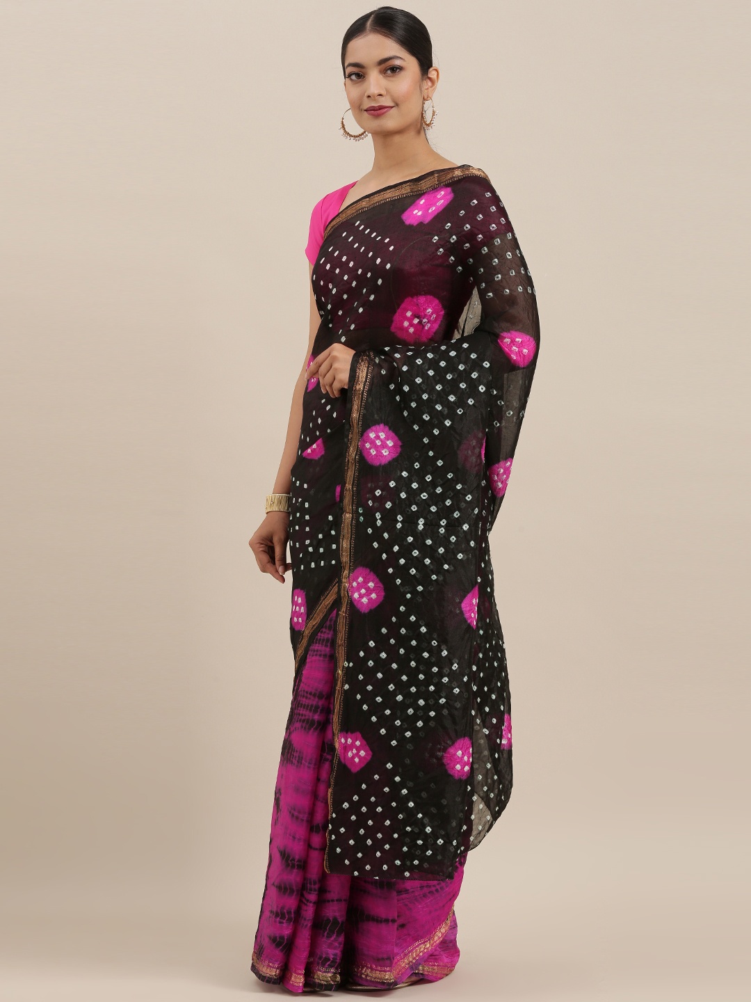 

Geroo Jaipur Hand Dyed Pink & Black Bandhani Kota Silk Sustainable Sareee