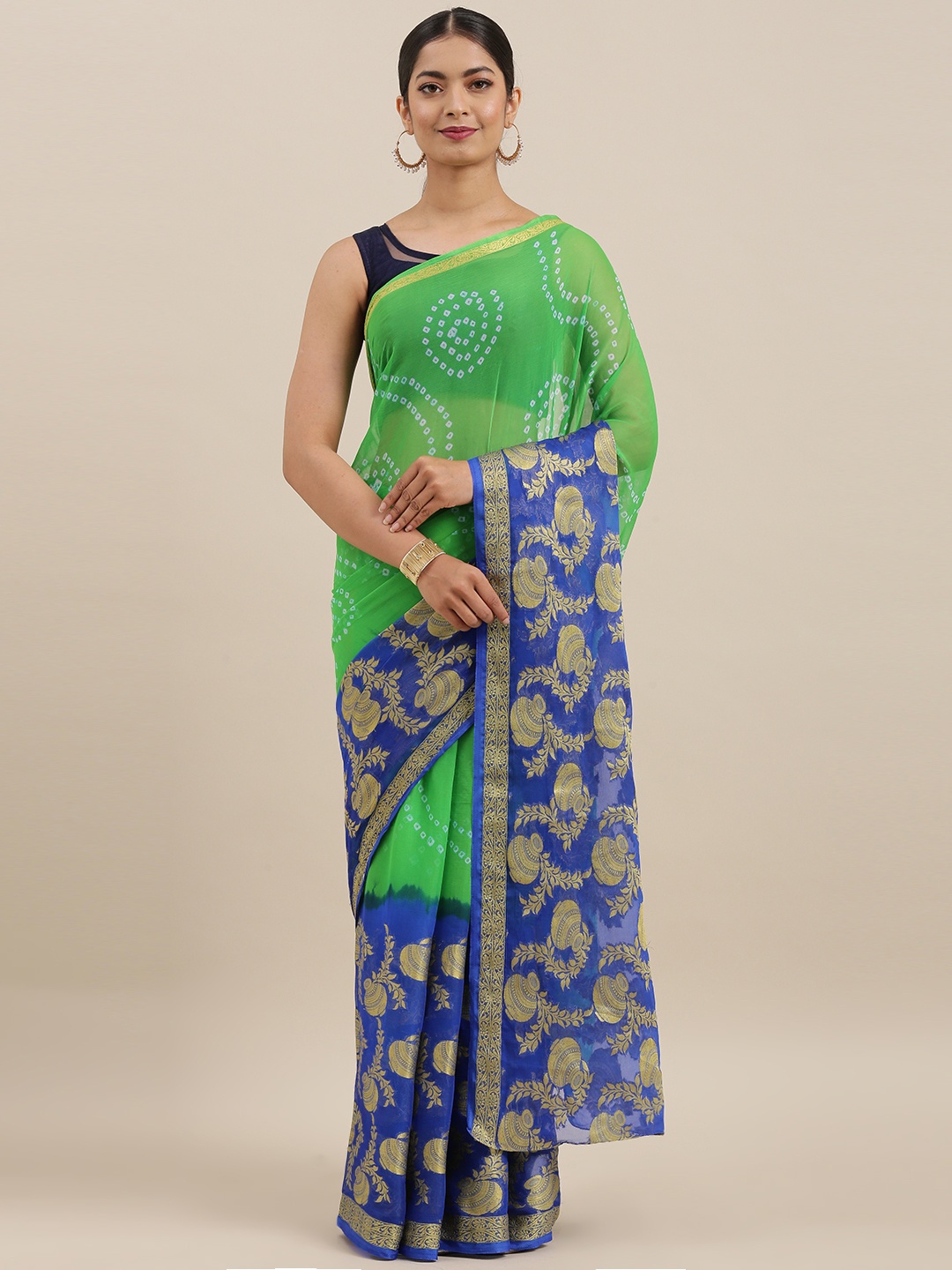 

Geroo Jaipur Hand Dyed Green & Pink Bandhani & Zari Chiffon Saree