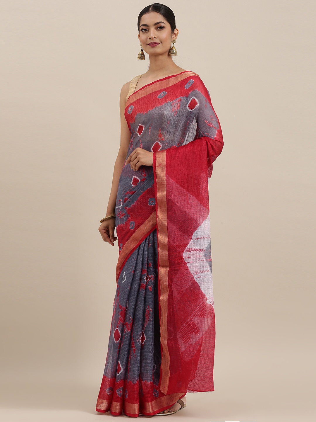 

Geroo Jaipur Hand Dyed Grey & Red Bandhani Kota Silk Sareee