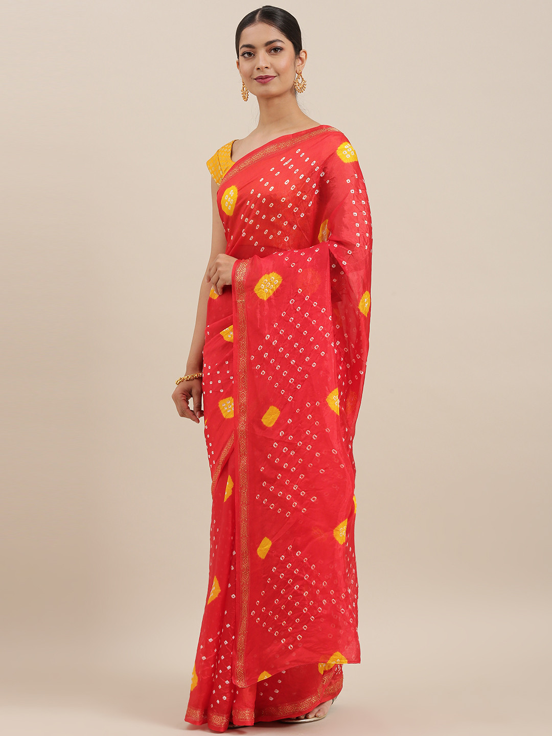 

Geroo Jaipur Hand Dyed Red Bandhani Kota Silk Sustainable Sareee