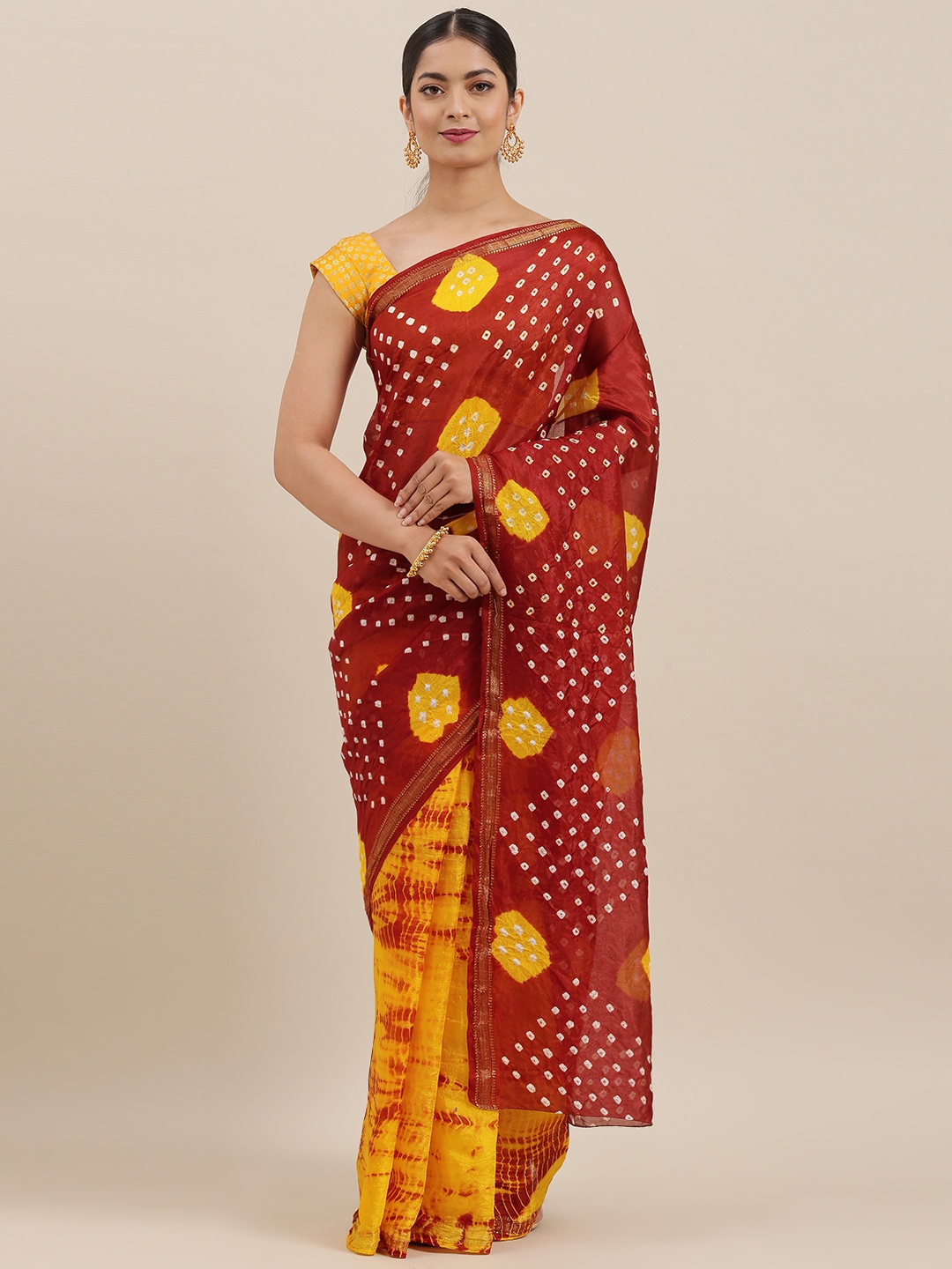 

Geroo Jaipur Hand Dyed Black & Red Bandhani Kota Silk Sareee, Yellow