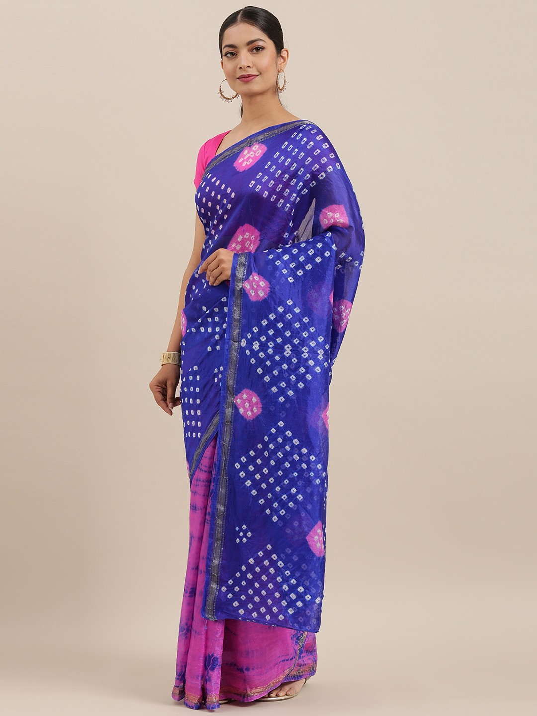 

Geroo Jaipur Hand Dyed Pink & Blue Bandhani Kota Silk Saree
