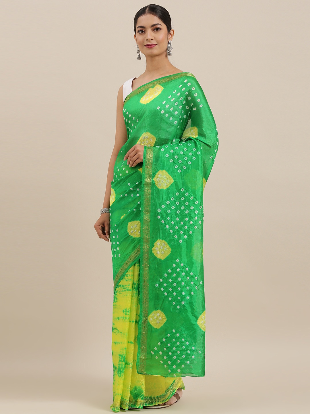 

Mitera Hand Dyed Green & Yellow Bandhani Kota Silk Sareee